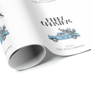 Papier Cadeau Joyeux Noël Camion Vintage et Monogramme d'arbre