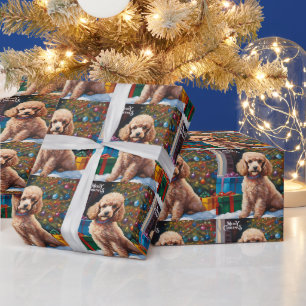 Papier Cadeau Joyeux Noël Caniche avec sapin de Noël, cadeaux 
