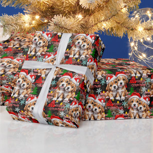 Papier Cadeau Joyeux Noël Chapeau de Père Noël Chien Design - No