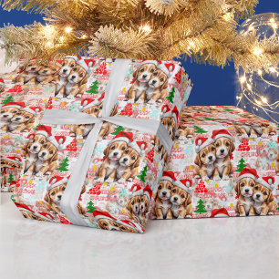 Papier Cadeau Joyeux Noël Chapeau de Père Noël Design Chien - Bl