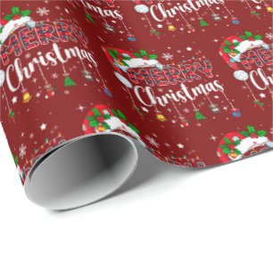 Papier Cadeau Joyeux Noël Chapeau Rouge de Père Noël Renne Xmas