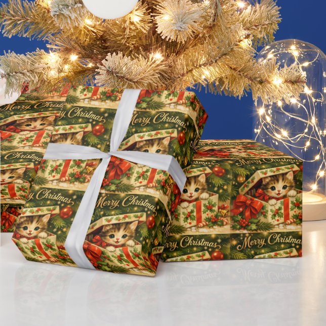 Papier Cadeau Joyeux Noël Chat Mignon dans une Boîte Cadeau  (Vacances)