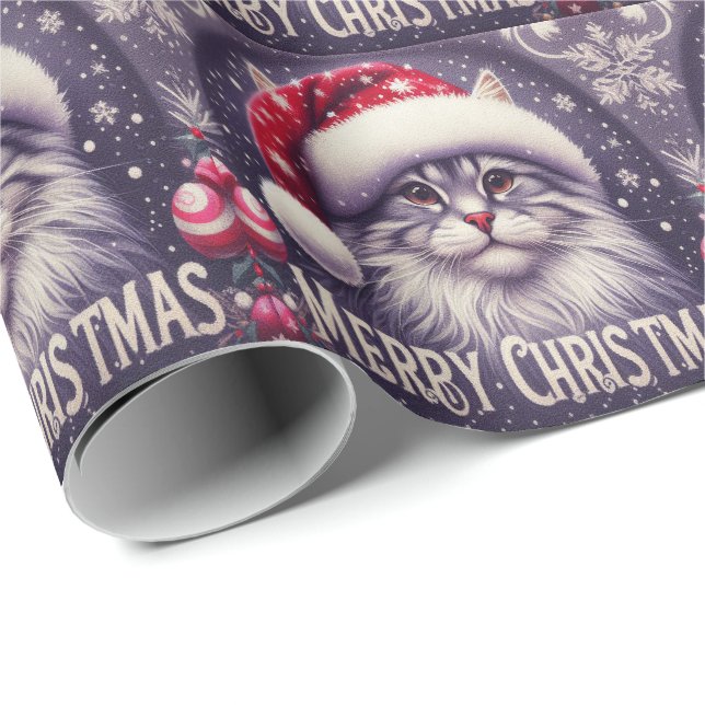 Papier Cadeau Joyeux Noël Chat Sibérien, Noël Père Noël Kitten (Coin rond)