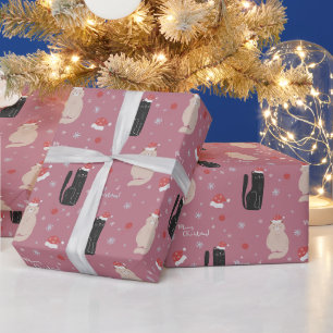 Papier Cadeau Joyeux Noël Chats Mignons Rose, Bleu, Vert