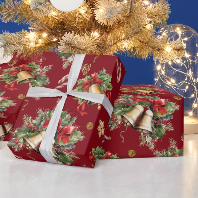 Papier Cadeau Joyeux Noël Cloches Holly Berries Pinecones Rouge (Vacances)