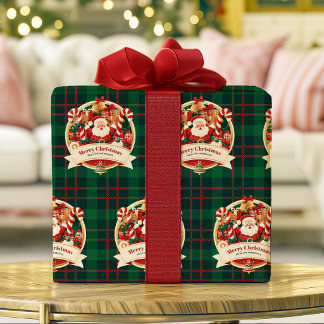 Papier Cadeau Joyeux Noël Cute Santa Carreaux Verts Nom Personna