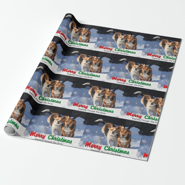 Papier Cadeau Joyeux Noël de beagles se précipitant par la neige (Déroulé)