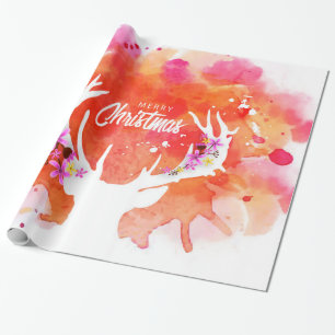 Papier Cadeau Joyeux Noël de cerfs communs rouges d'aquarelle
