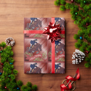 Papier Cadeau Joyeux Noël de Fille et Cheval en rouge