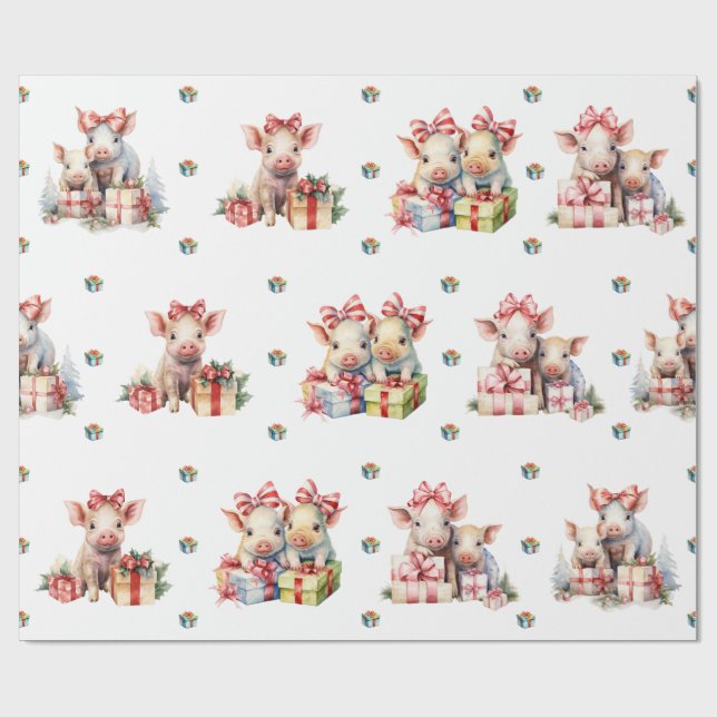 Papier Cadeau Joyeux Noël de Noël de cochons en blanc (Plat)