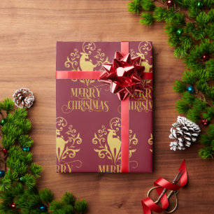 Papier Cadeau Joyeux Noël Deer Gold Red Modern