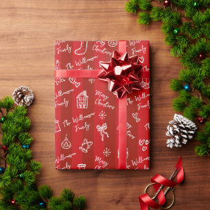 Papier Cadeau Joyeux Noël Dessin à la Main Doodle Rayures Rouges
