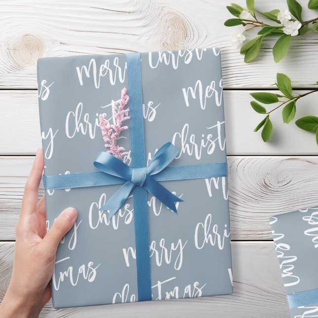 Papier Cadeau Joyeux Noël Dusty Bleu Élégant Motif Script (Créateur téléchargé)