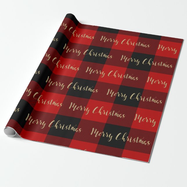 Papier Cadeau Joyeux Noël Écriture Dorée Rayures Rouges Buffalo (Déroulé)