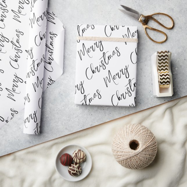 Papier Cadeau Joyeux Noël écriture moderne noir et blanc (Artisanat)