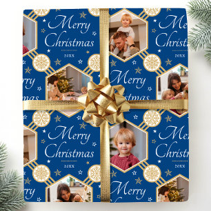 Papier Cadeau Joyeux Noël Élégant Flocon de neige Photo Bleu