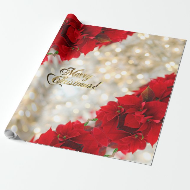 Papier Cadeau Joyeux Noël Elegant Gold Script Poinsettia (Déroulé)
