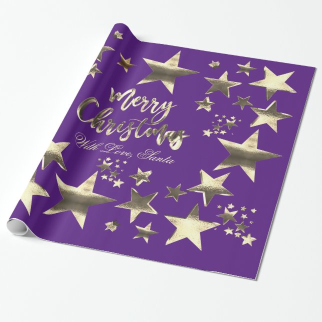 Papier Cadeau Joyeux Noël Elégantes Étoiles Motif violet (Déroulé)