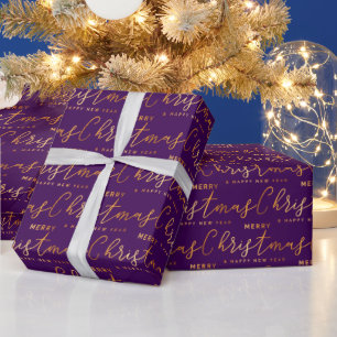 Papier Cadeau Joyeux Noël en lettres dorées et violettes