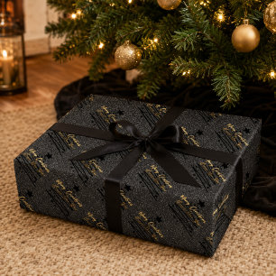 Papier Cadeau Joyeux Noël et Bonne Année en Or Noir Étincelant