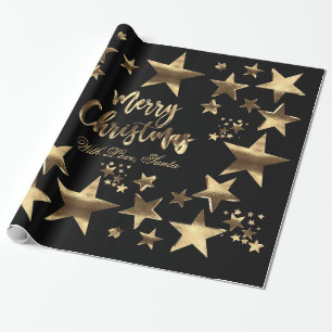 Papier Cadeau Joyeux Noël Etoiles Black Gold Élégant Script