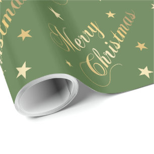 Papier Cadeau Joyeux Noël Etoiles Élégant Script Gold Green
