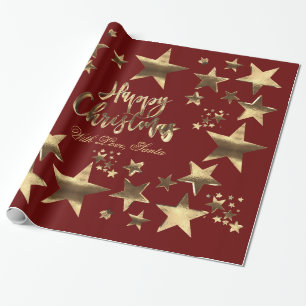 Papier Cadeau Joyeux Noël Etoiles Rouge Or Élégant Script
