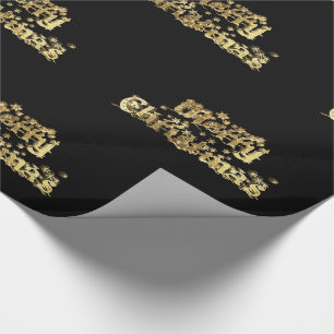 Papier Cadeau Joyeux Noël Étoiles Typographie Black Gold Chic