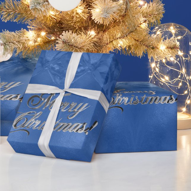 Papier Cadeau Joyeux Noël Faux Silver Foil Script bleu (Vacances)
