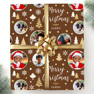 Papier Cadeau Joyeux Noël Festive Arbres Photo Nom Brown