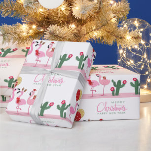 Papier Cadeau Joyeux Noël Fille mignonne Flamant rose rose Cactu