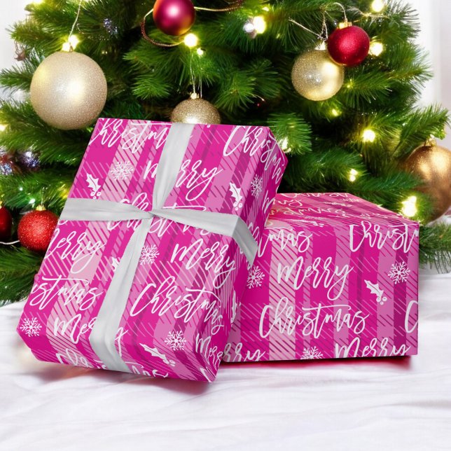 Papier Cadeau Joyeux Noël flocon de neige mistletoe rose plaid (Merry Christmas snowflake mistletoe pink plaid Wrapping Paper)