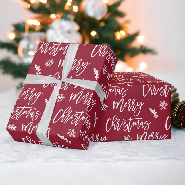 Papier Cadeau Joyeux Noël flocon de neige mistletoe rouge motif (Merry Christmas snowflake mistletoe red pattern Wrapping Paper)