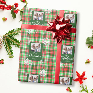 Papier Cadeau Joyeux Noël Flocons de neige Rouge Vert Carreaux P