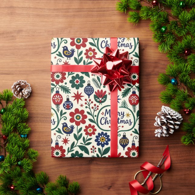 Papier Cadeau Joyeux Noël Folklorique Scandinave (Cadeau de vacances)