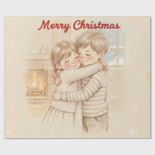 Papier Cadeau Joyeux Noël garçon et fille représentés ensemble c