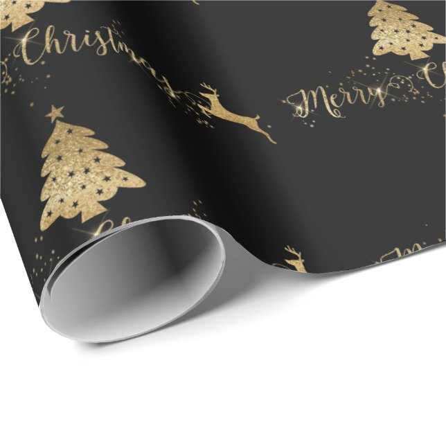 Papier Cadeau Joyeux Noël Gold Black Motif Typographie (Coin rond)