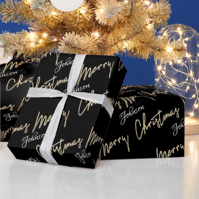 Papier Cadeau Joyeux Noël Golden Script Name Custom Black (Vacances)