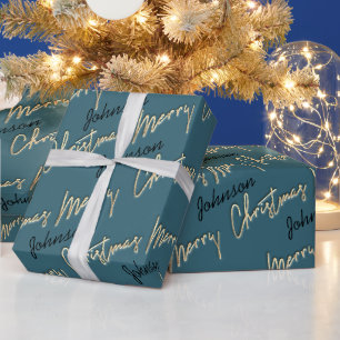 Papier Cadeau Joyeux Noël Golden Script Nom Noir Turquoise Bleu