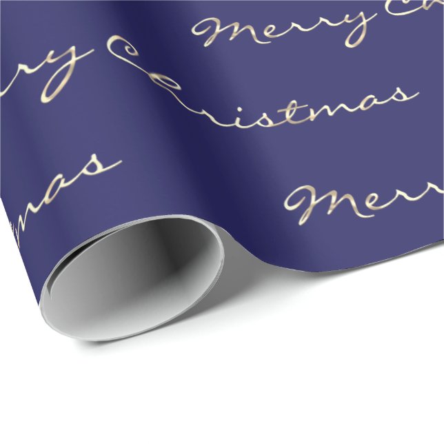 Papier Cadeau Joyeux Noël Golden Script Vacances Blue Navy (Coin rond)