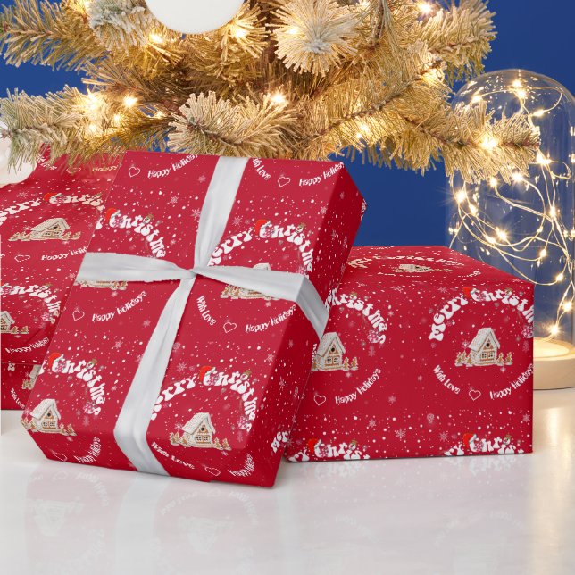 Papier Cadeau Joyeux Noël Graffiti Rouge Courbé Moderne  (Vacances)