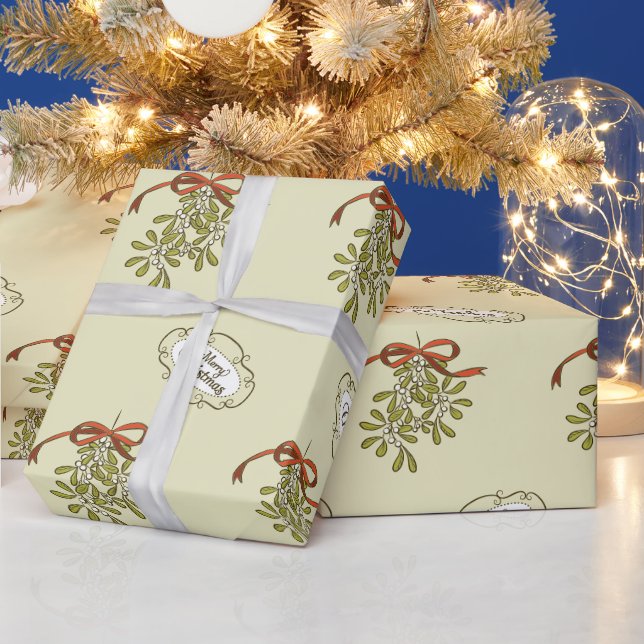 Papier Cadeau Joyeux Noël Gui Calligraphie Vert (Vacances)