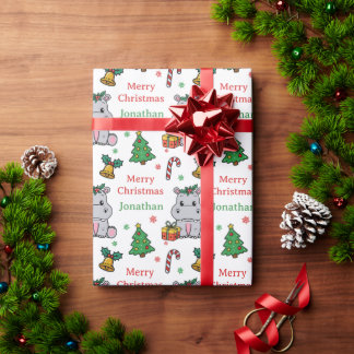 Papier Cadeau Joyeux Noël Hippopotame Arbre de Noël Fêtes