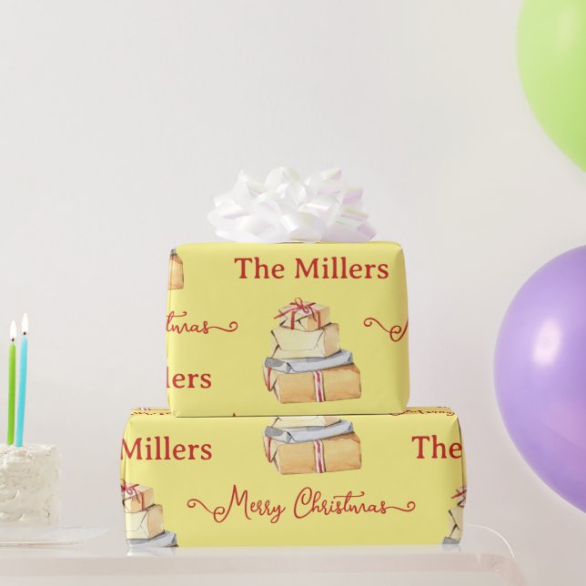 Papier Cadeau Joyeux Noël Hiver Famille Cadeaux Jaunes (Cadeaux de fête)