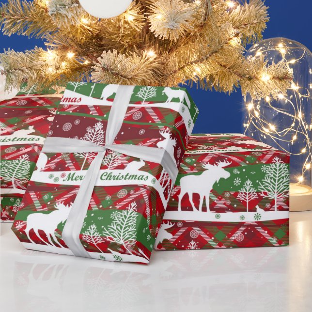 Papier Cadeau Joyeux Noël, hiver, orignal et loups, (Vacances)
