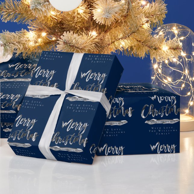Papier Cadeau Joyeux Noël Joyeux Nouvel An Elégant Bleu Argent (Vacances)