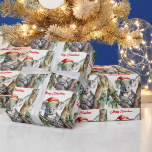 Papier Cadeau Joyeux Noël Koala assis dans l'eucalyptus