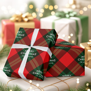 Papier Cadeau Joyeux Noël Marque de nom de famille Tartan Rouge