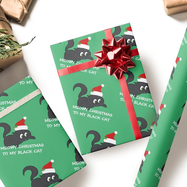 Papier Cadeau Joyeux Noël Mignon Chat Noir Vert (Créateur téléchargé)