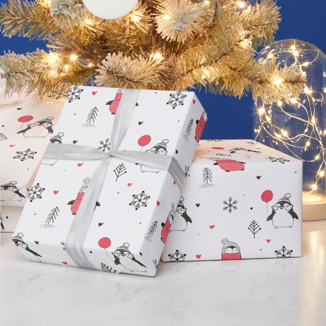 Papier Cadeau Joyeux Noël mignonne Happy Penguin en blanc Casque (Vacances)